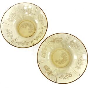 Set Of 2 VTG Anchor Hocking Amber Yellow Mayfair Cabbage Rose Serving Bowl 8.5”